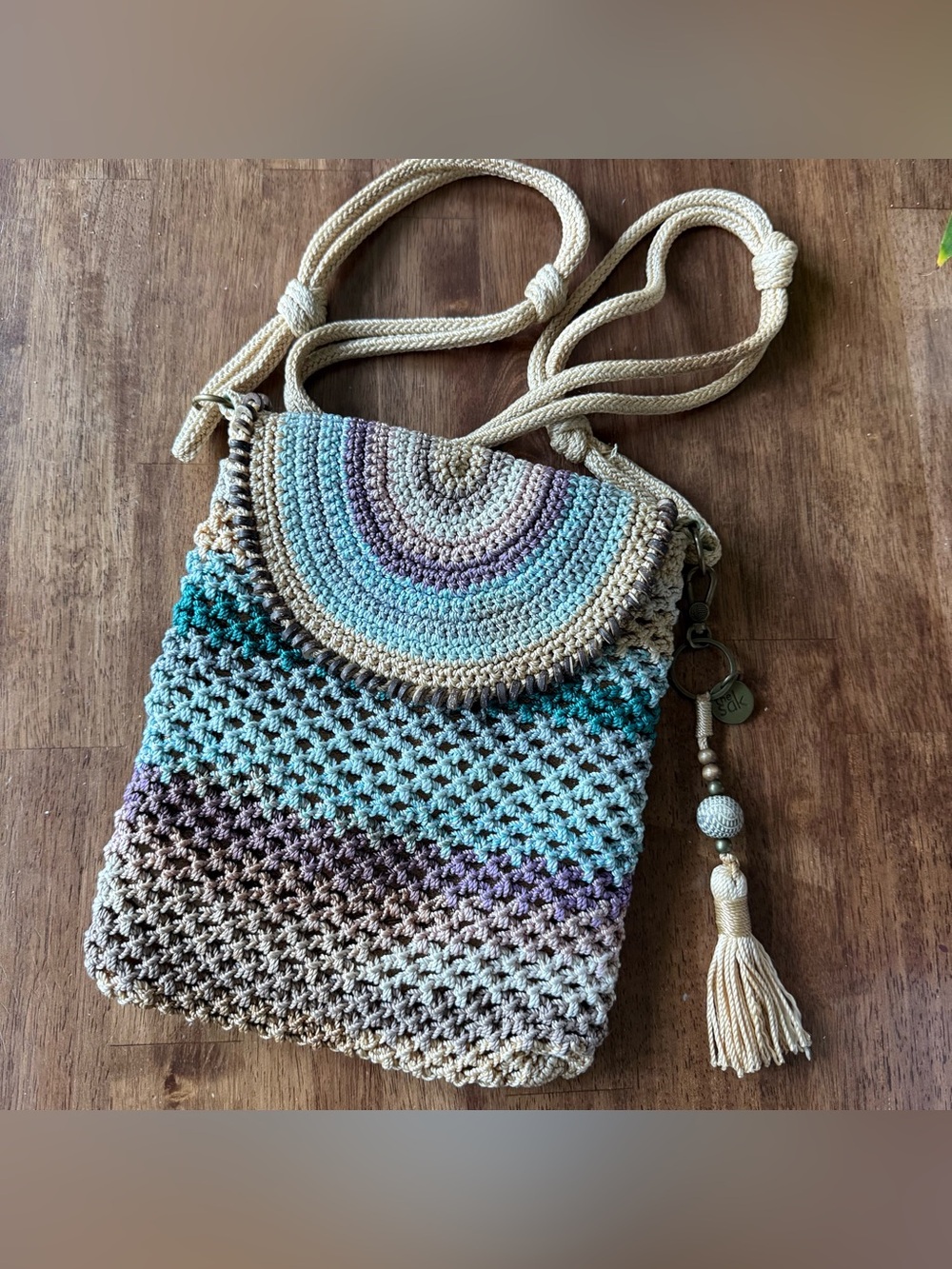 The SAK Sayulita Rainbow Crochet Purse Crossbody Shoulder Bag Boho Macrame
